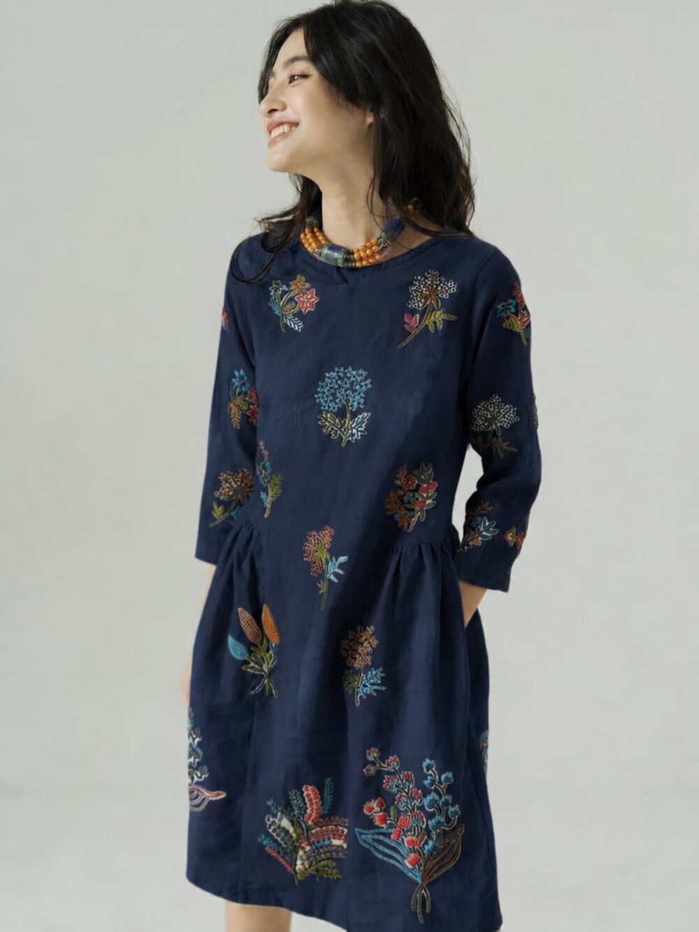 HUALALA Mimosa Navy Blue Floral Embroidered 100% Linen Tunic Midi Dress, Size S